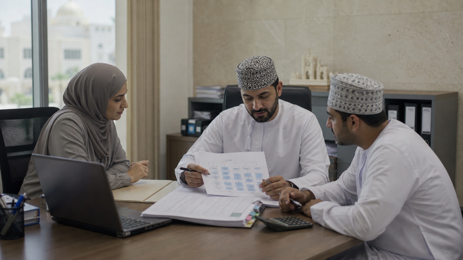 Omani finance team reviewing an ERP chart of accounts in a Muscat office