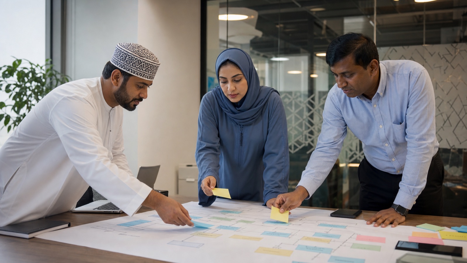 Oman business professionals working on ERP Requirements Checklist for Finance, HR and Inventory