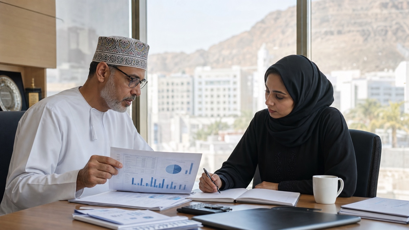 Oman management team comparing dashboard figures with accounting records