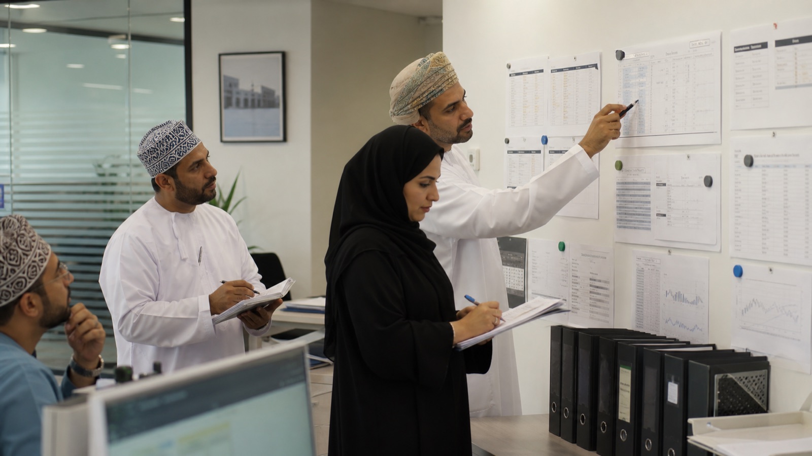 Finance team completing a month-end ERP close checklist in Muscat