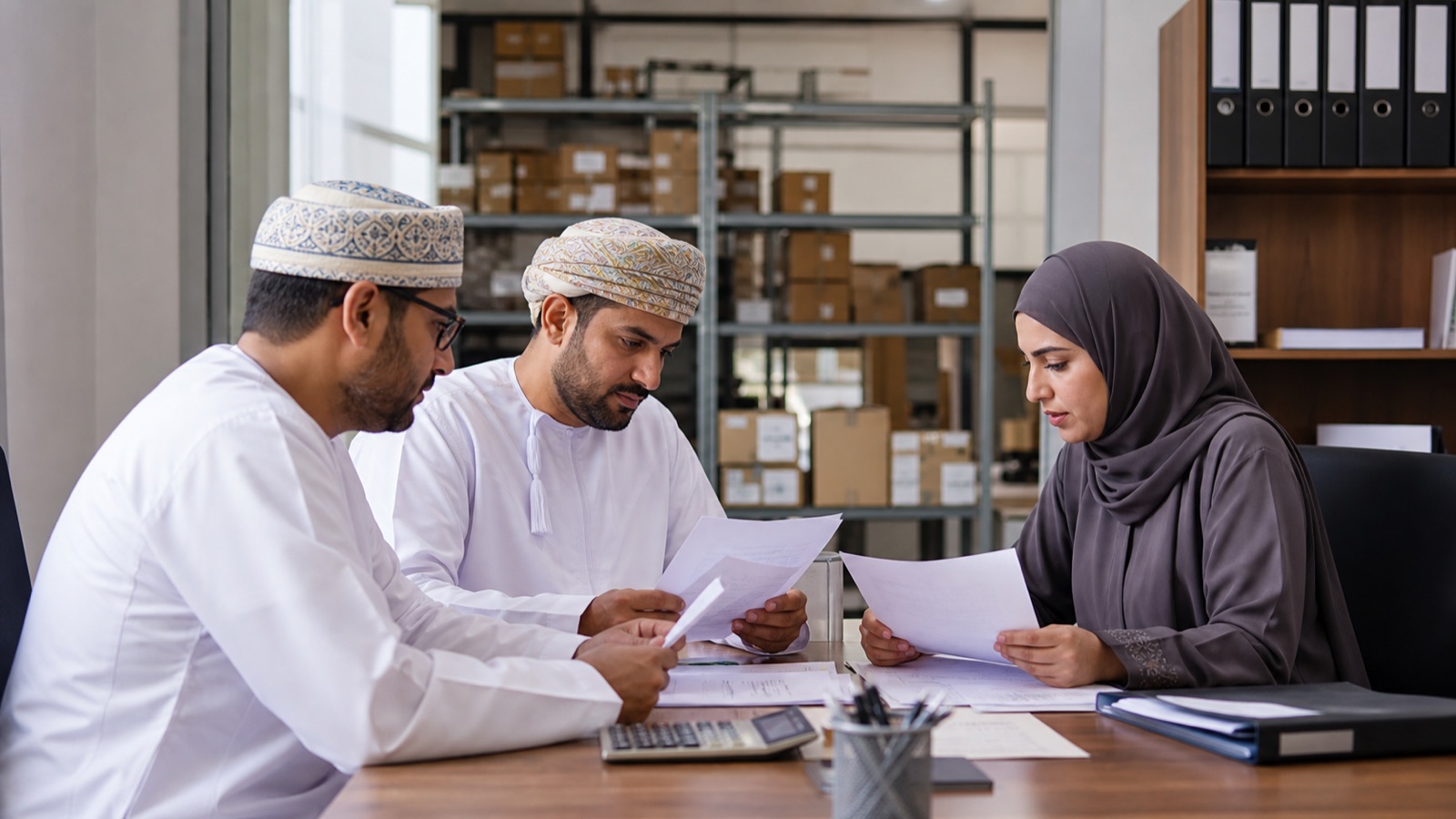 Omani operations team checking purchase receipt and supplier records