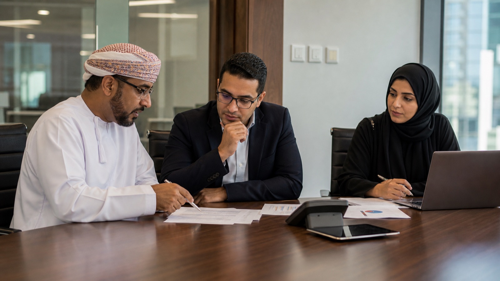 Sales and finance managers reviewing a quotation approval in Oman